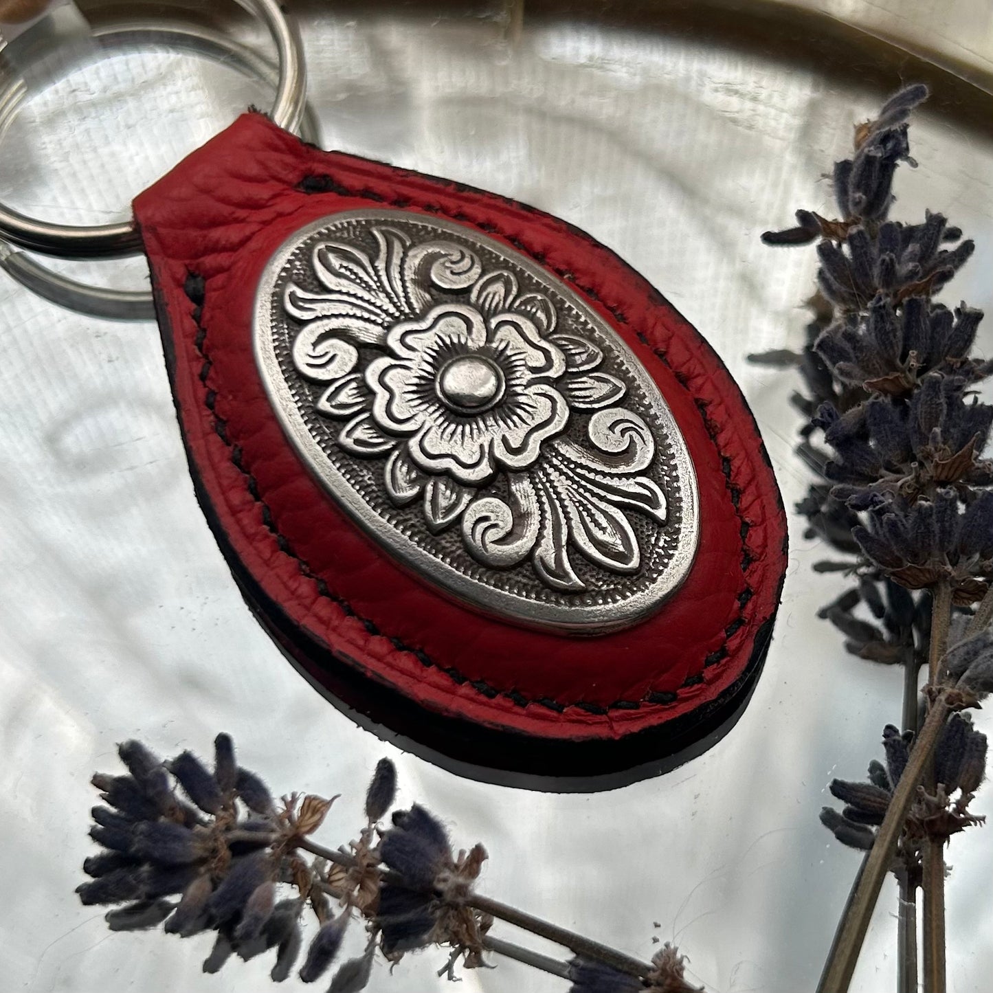Italian Leather Keychain - Red Oval