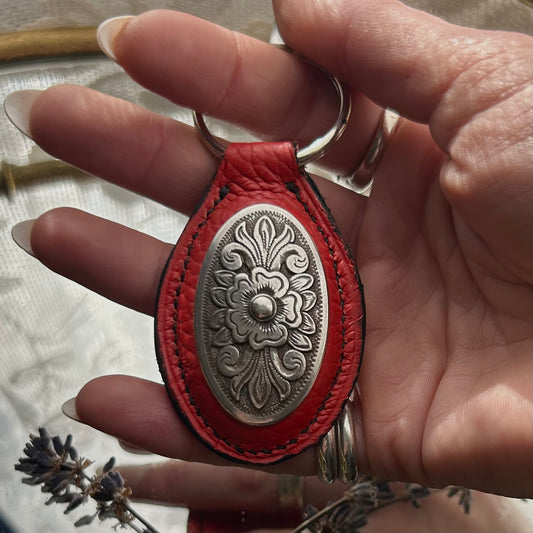 Italian Leather Keychain - Red Oval